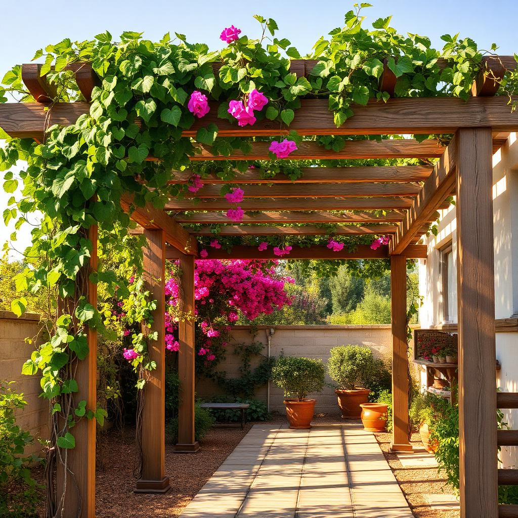 פרגולת עץ קלאסית עם מטפסת ענבים ובוגנוויליה